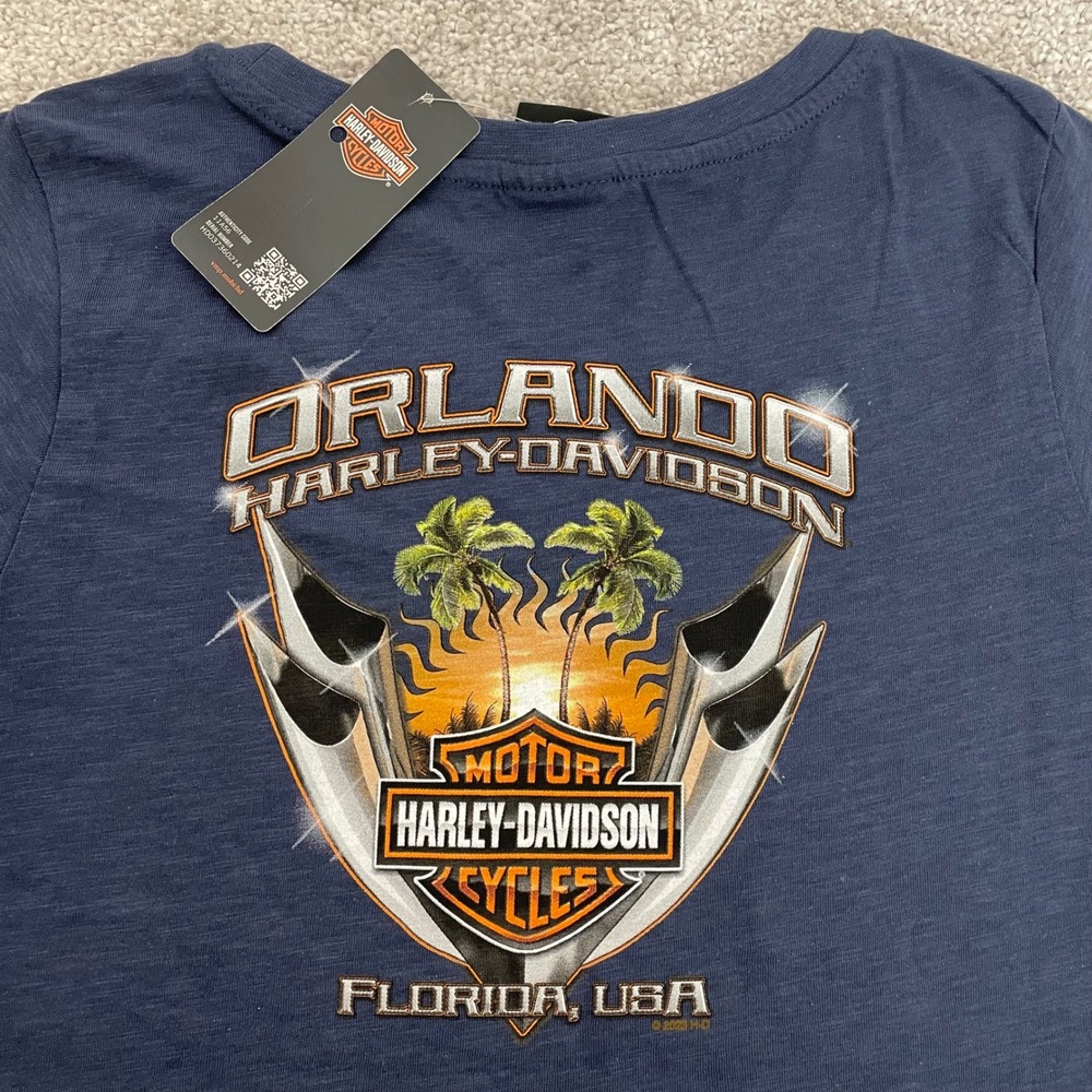 NEW Harley-Davidson Tee Womens Small CHROME PIPE Navy Orlando Graphic NWT Biker